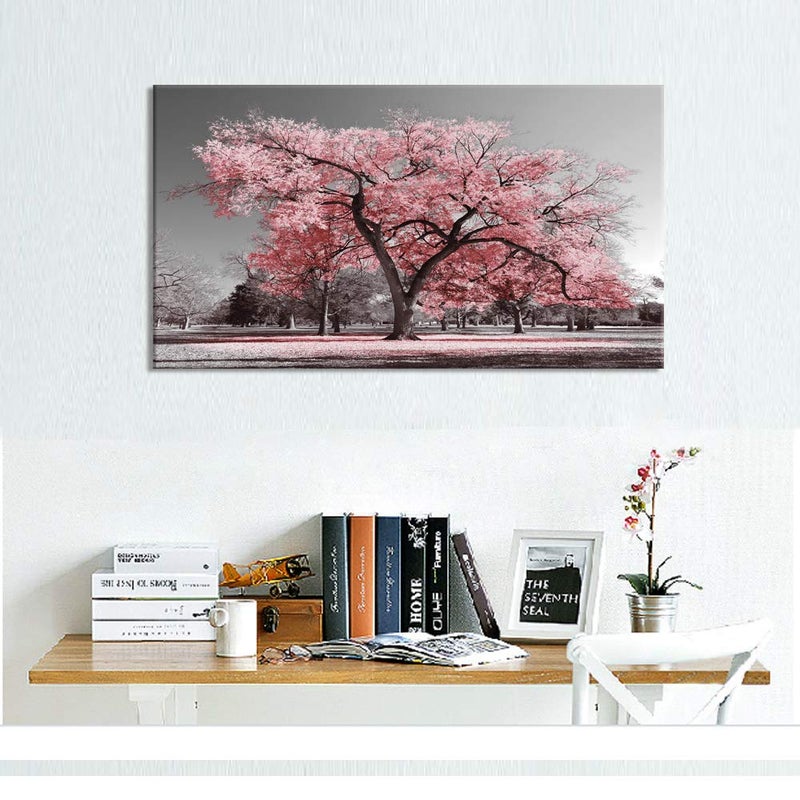 Visual Art Decor Pink Tree Canvas Wall Art Pink and Gray Wall Decor Canvas Prints, Framed Artwork for Living Room Bedroom Decoration 20inx36in - Image 3
